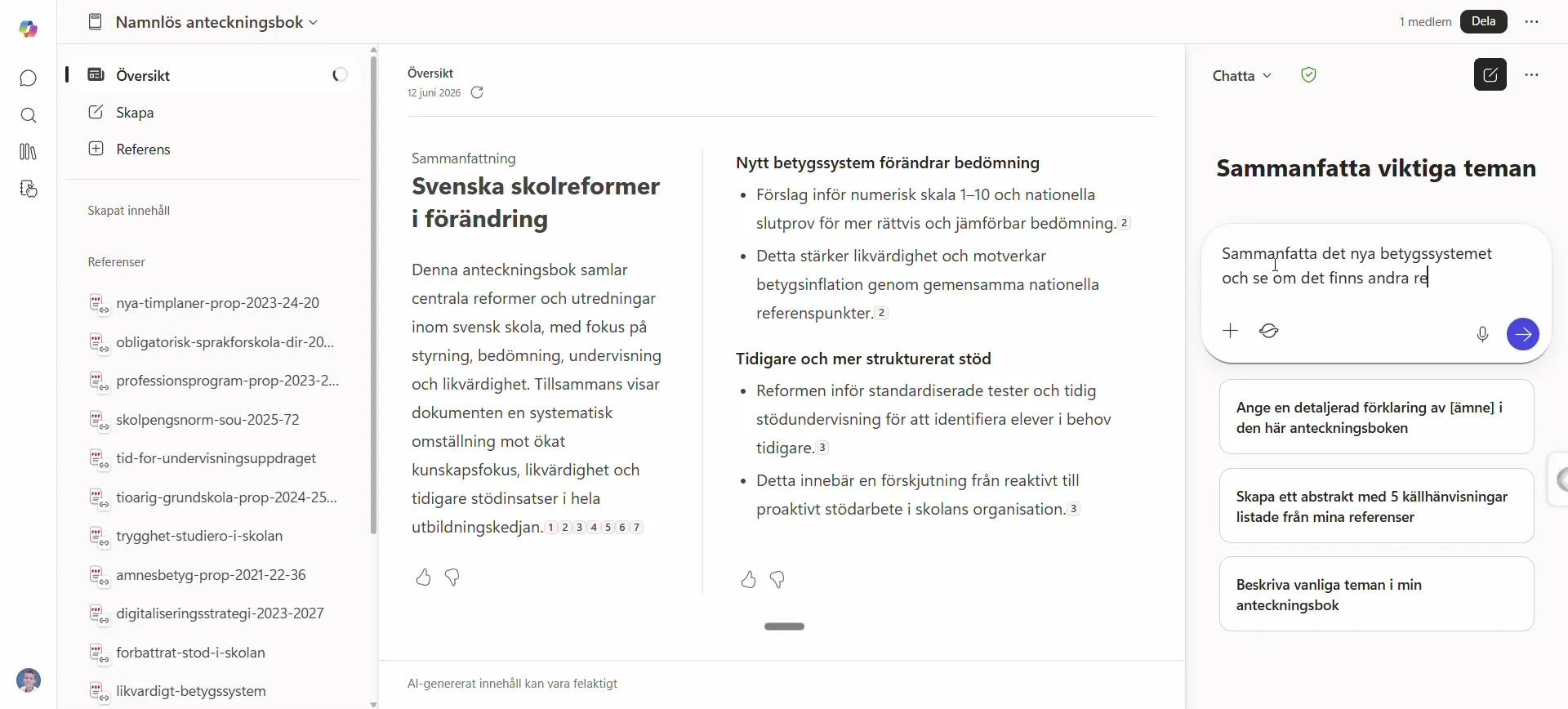 Anteckningsbokens översikt med sammanfattningen Svenska skolreformer i förändring — punkterna har små numrerade källhänvisningar.