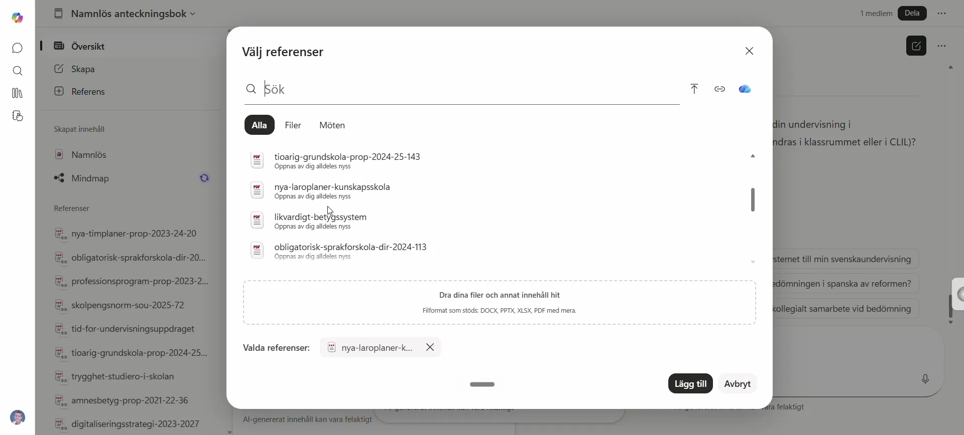 Dialogen Välj referenser i Copilot Anteckningsböcker: sökfält, flikarna Alla/Filer/Möten, en lista med dokument och knappen Lägg till.