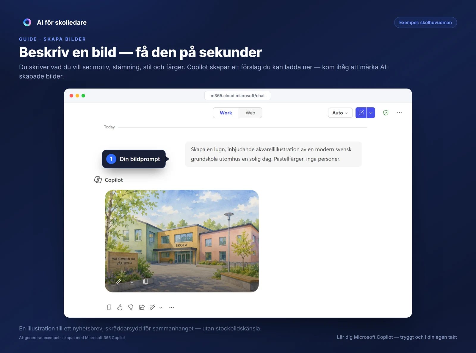 Copilot skapar en akvarellillustration av en svensk grundskola utifrån en bildprompt.