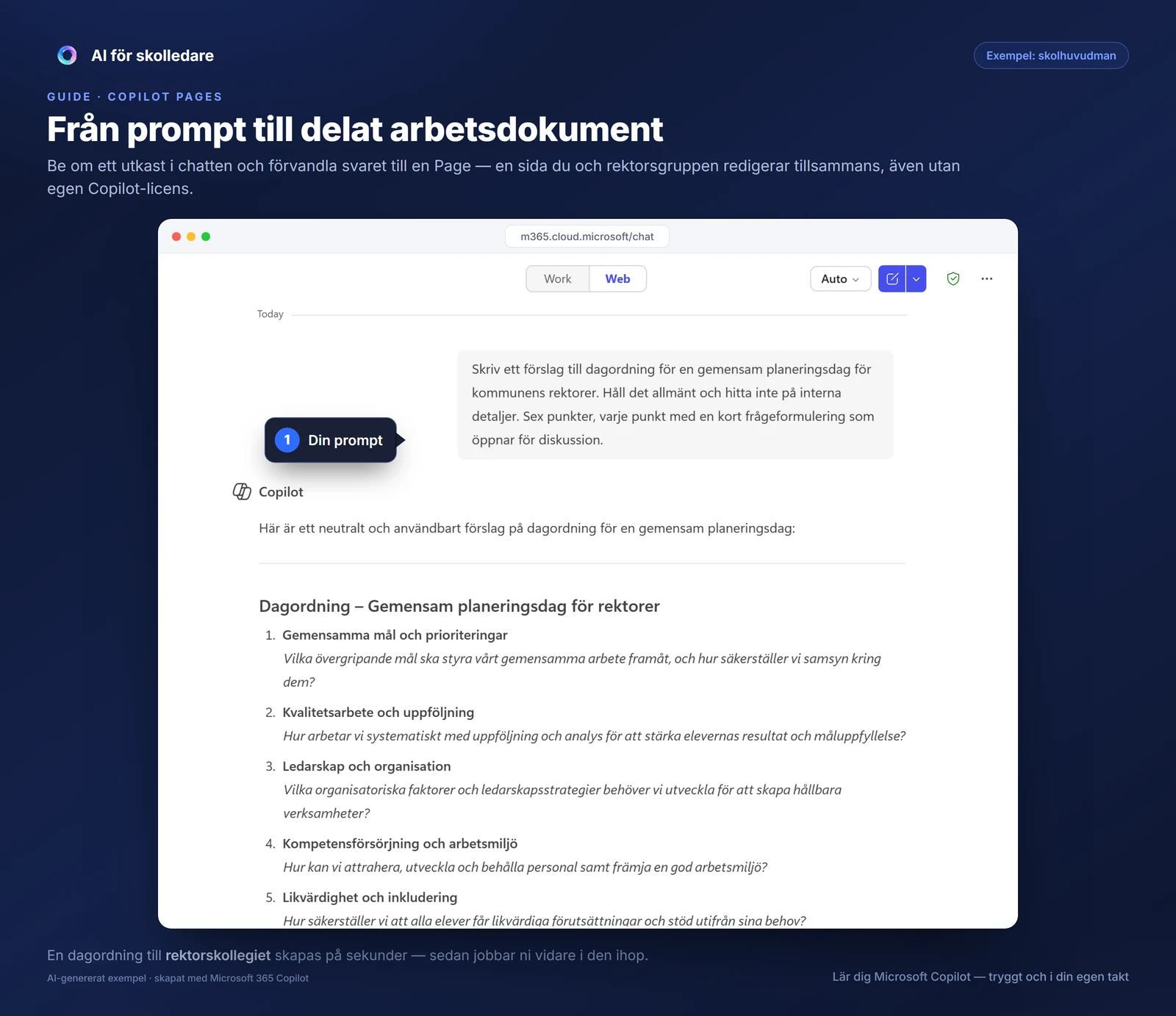 Copilot skapar ett utkast till dagordning för en gemensam planeringsdag för kommunens rektorer.