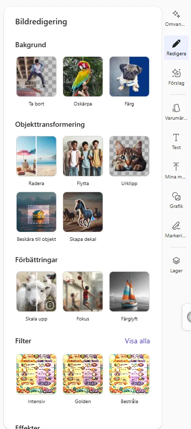 Bildredigeringspanelen Redigera: verktyg för bakgrund (ta bort, oskärpa, färg), objekt (radera, flytta, urklipp), förbättringar (skala upp, fokus) och filter.